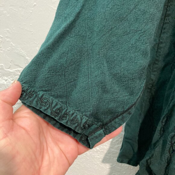 L Pogee Womens Button U Top Long Sleeve Embroidered Boho Blouse Green Tie Back - Picture 9 of 11